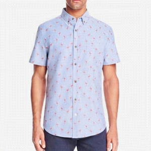 Alpha Beta Flamingo Print Light Blue Short Sleeve Button Up Shirt Size XL